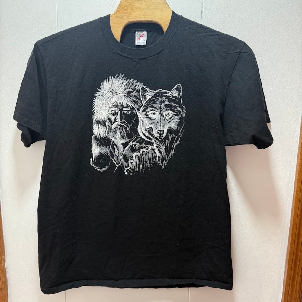 Vintage 1990 Jerzees Mountain Man Wolf Graphic T-Shirt‎ Black 2XL Made in USA